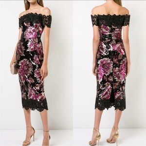 MARCHESA NOTTE Off-Shoulder Black and Pink Sequin and lace  Floral Midi Dress 10